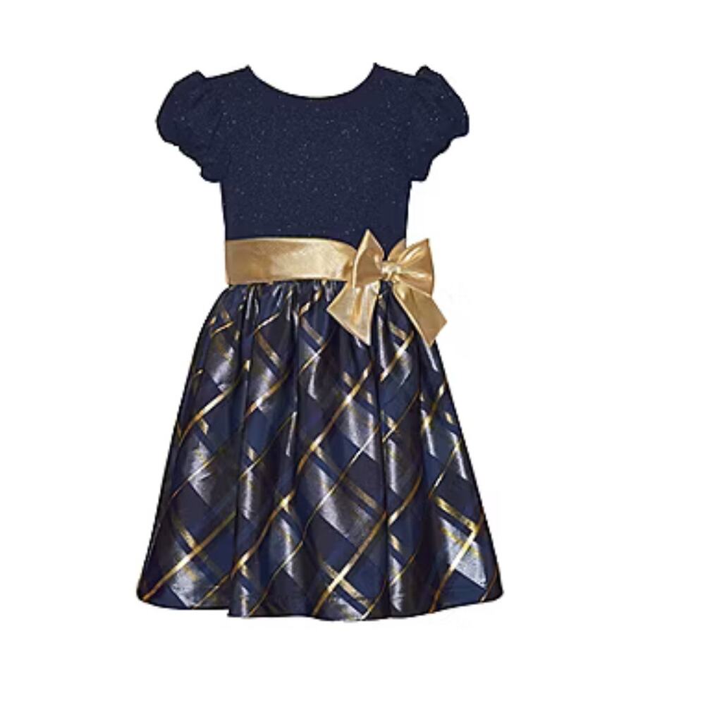 Bonnie Jean Big Kid Girls Short Sleeve Fit+Flare Dress Blue & Gold Size 12